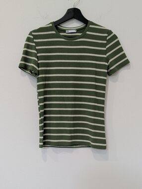 Zara Olive Green and White Striped Short Sleeve Crewneck